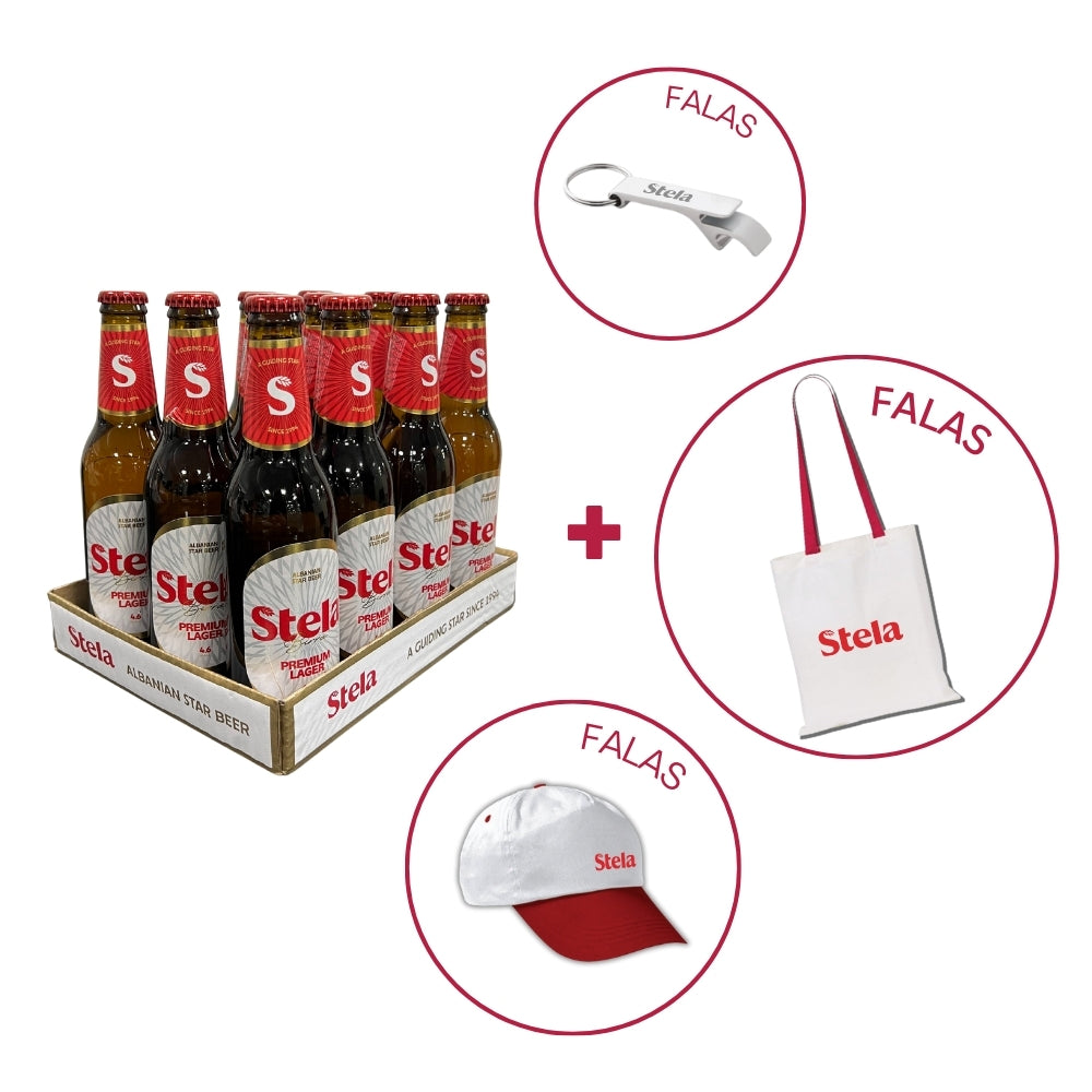 12 Stela Birrë Lager Shishe 0.33L + Kapele, Çantë & Hapëse birre Dhuratë